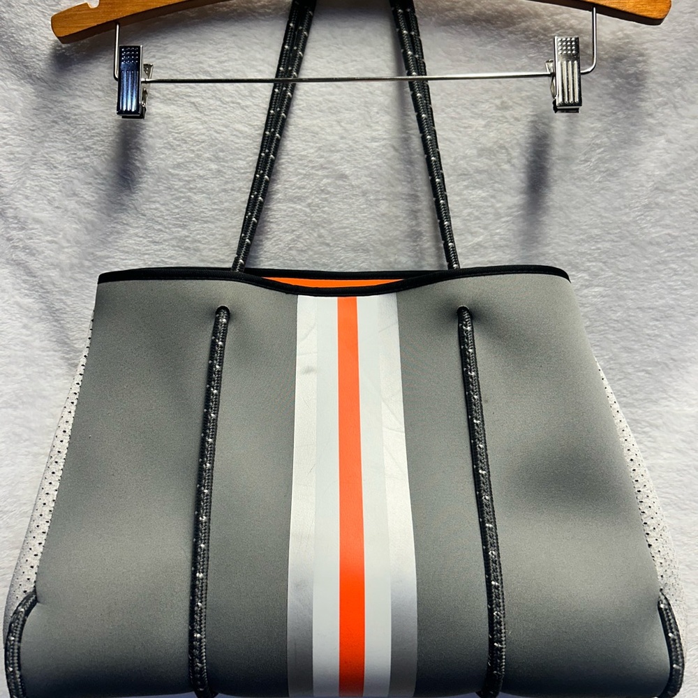 HAUTE SHORE Gray Tote with Orange and White Stripes